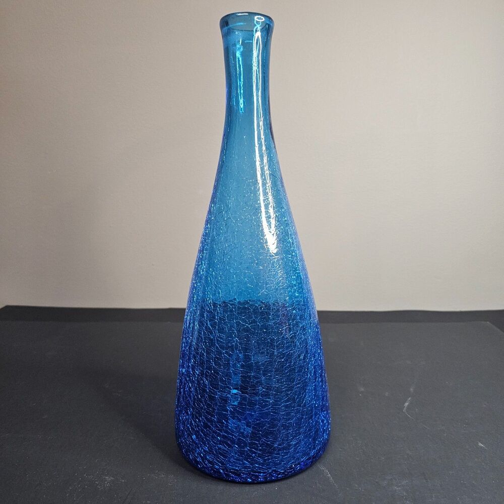 Vtg Pilgrim Glass Blue Crackle Glass 12 In Vase Decanter Hand Blown MCM 1960s